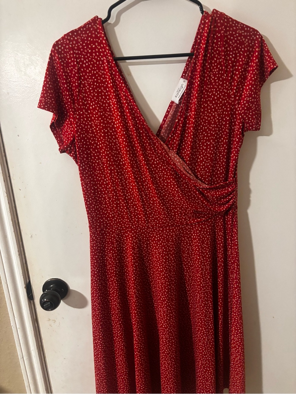 Kaileigh Red Polka-Dot Faux-Wrap Midi Dress